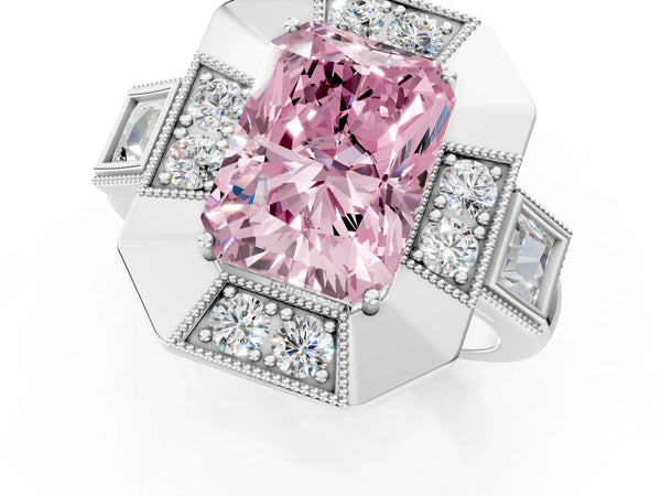 Sterling Silver Radiant Cut Vintage Halo Engagement Ring Setting for Fancy Pink Center - Design RJ-711