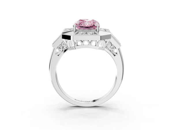 Sterling Silver Radiant Cut Vintage Halo Engagement Ring Setting for Fancy Pink Center - Design RJ-711