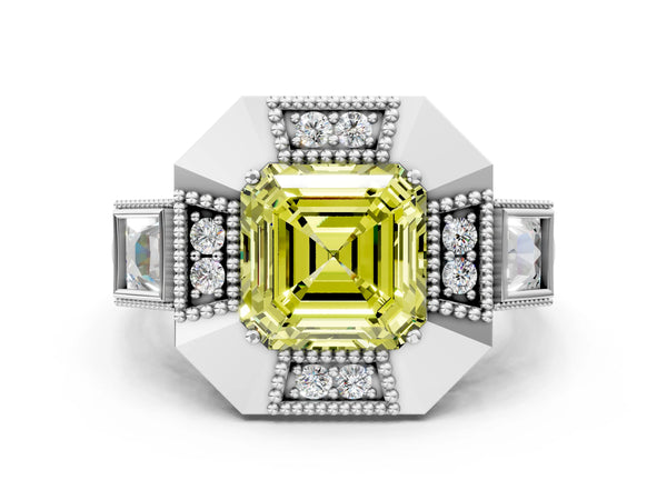 Sterling Silver Asscher Cut Vintage Halo Engagement Ring Setting for Fancy Yellow Center - Design RJ-711