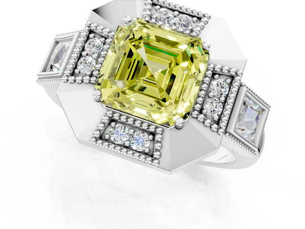 Sterling Silver Asscher Cut Vintage Halo Engagement Ring Setting for Fancy Yellow Center - Design RJ-711