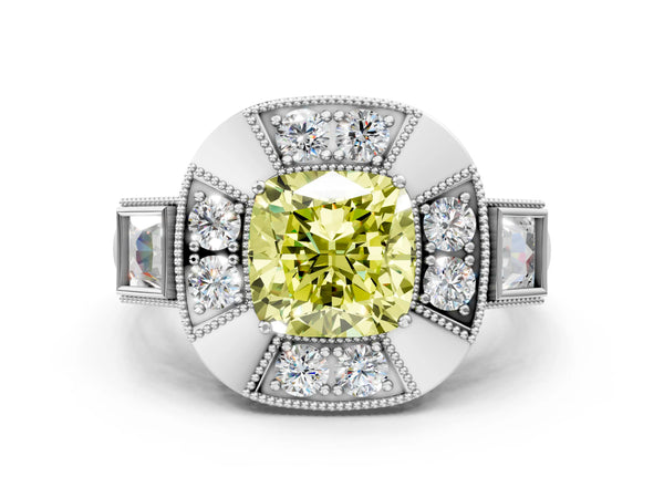 Sterling Silver Cushion Cut Vintage Halo Engagement Ring Setting for Fancy Yellow Center - Design RJ-711