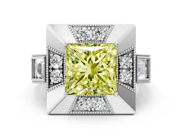 Sterling Silver Princess Cut Vintage Halo Engagement Ring Setting for Fancy Yellow Center - Design RJ-711