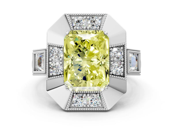 Sterling Silver Radiant Cut Vintage Halo Engagement Ring Setting for Fancy Yellow Center - Design RJ-711