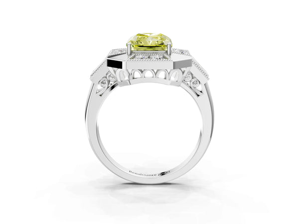 Sterling Silver Radiant Cut Vintage Halo Engagement Ring Setting for Fancy Yellow Center - Design RJ-711