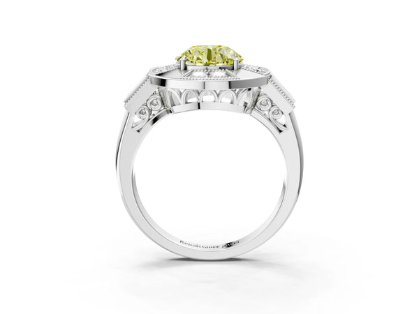Sterling Silver Round Vintage Halo Engagement Ring Setting for Fancy Yellow Center - Design RJ-711