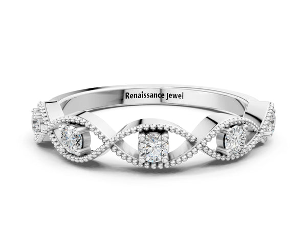 Silver Milgrain Marquise Diamond Band with Round Cut Stones and Bezel Setting