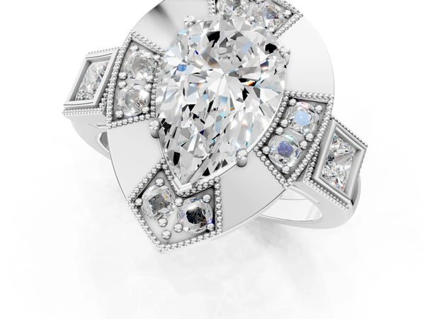 Sterling Silver Pear-Shaped Vintage Halo Engagement Ring Setting - Design RJ-711
