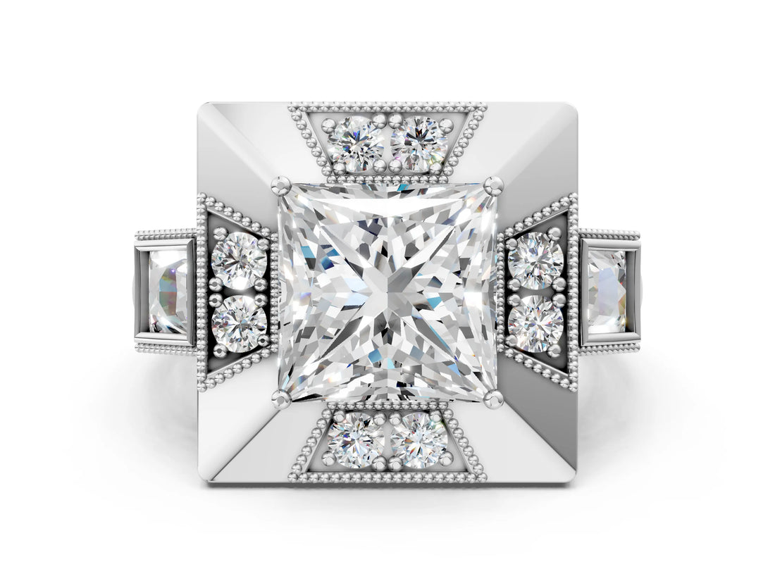 Silver Milgrain Princess Cut Diamond Halo Split Shank Ring_12