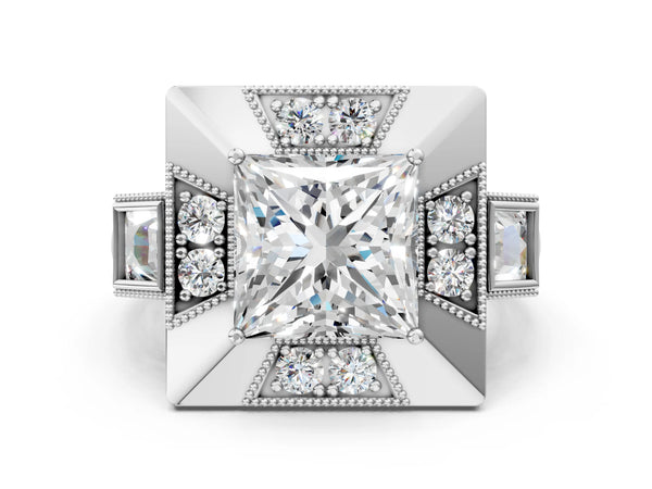 Sterling Silver Princess Cut Vintage Halo Engagement Ring Setting - Design RJ-711