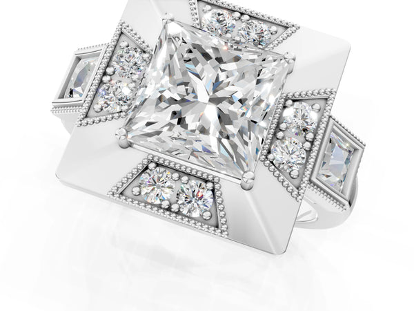 Sterling Silver Princess Cut Vintage Halo Engagement Ring Setting - Design RJ-711