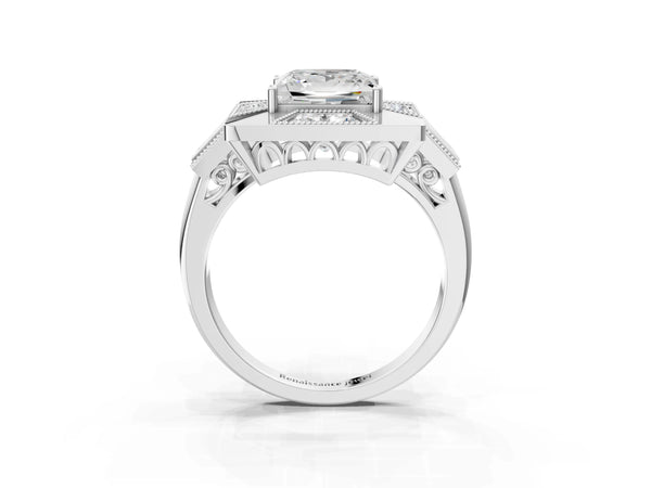 Sterling Silver Princess Cut Vintage Halo Engagement Ring Setting - Design RJ-711