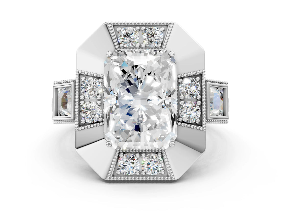 Silver Milgrain Radiant Cut Diamond Halo Split Shank Ring_18