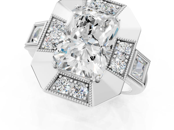 Sterling Silver Radiant Cut Vintage Halo Engagement Ring Setting - Design RJ-711