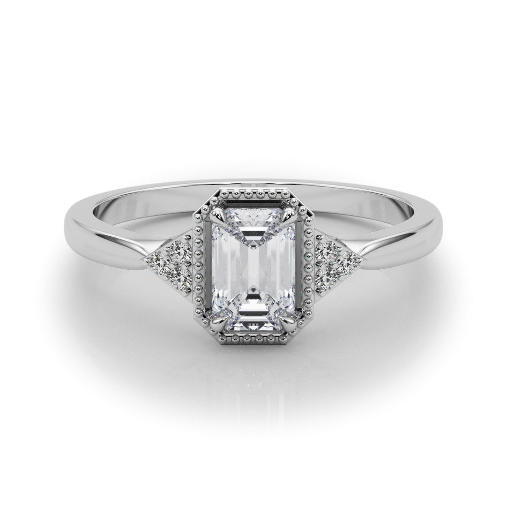 Silver Milgrain Radiant Cut Diamond Ring with Tapered Pave Band and Four Prong Setting 2