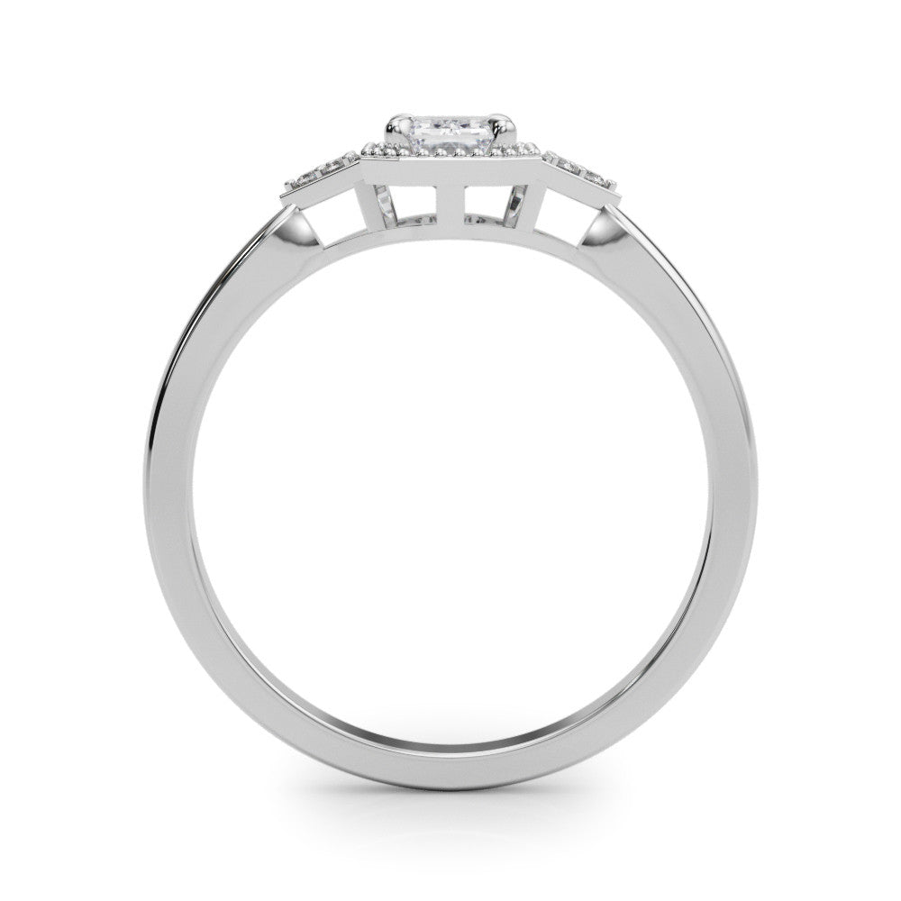 Silver Milgrain Radiant Cut Diamond Ring with Tapered Pave Band and Four Prong Setting