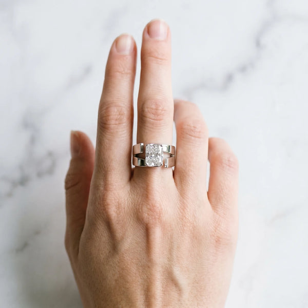 White Gold Radiant Cut Solitaire Engagement Ring Setting with Wide Stepped Bypass Band