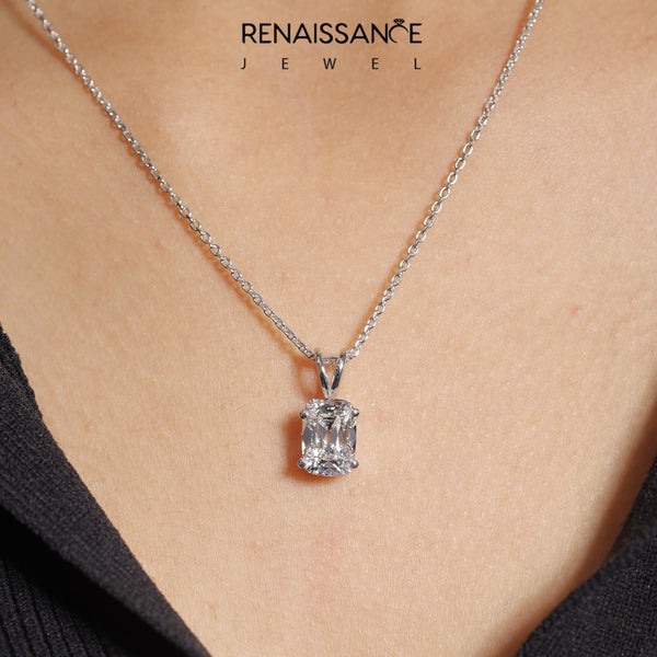 Silver Old Mine Cushion Diamond Solitaire Pendant with Four Prong Setting