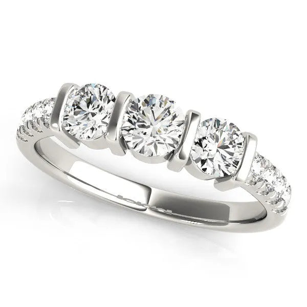 Silver Oval Brilliant Trilogy Channel Set Diamond Ring with Bar Prongs