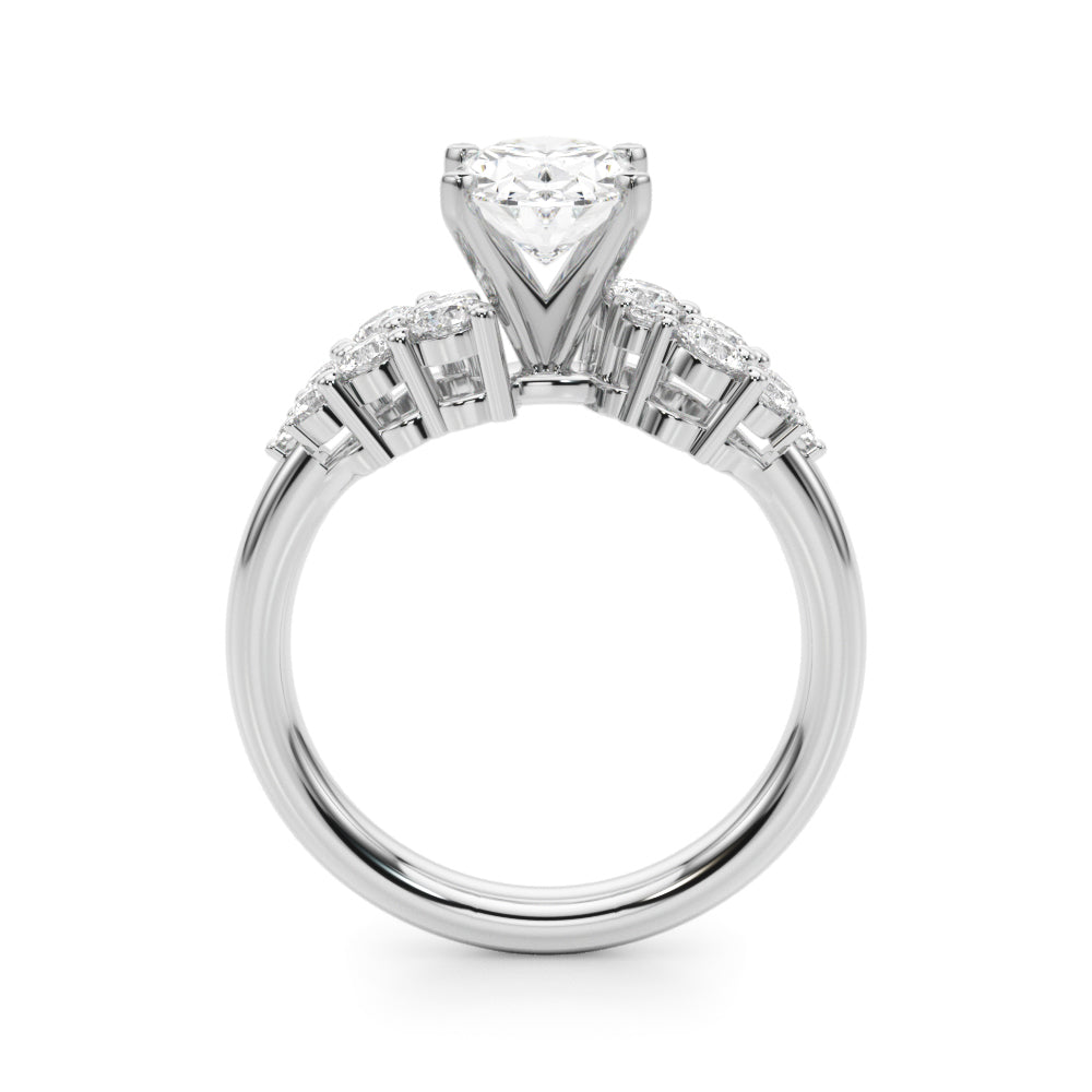 Silver Oval Cluster Diamond Engagement Ring with Pavé Band and Four-Prong Setting 1