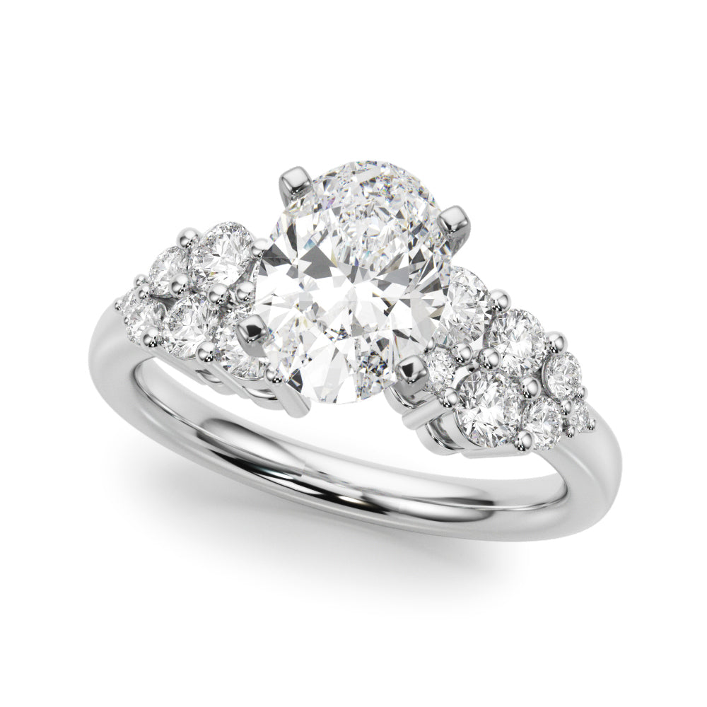Silver Oval Cluster Diamond Engagement Ring with Pavé Band and Four-Prong Setting 2