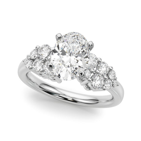 Silver Oval Cluster Diamond Engagement Ring with Pavé Band and Four-Prong Setting 2