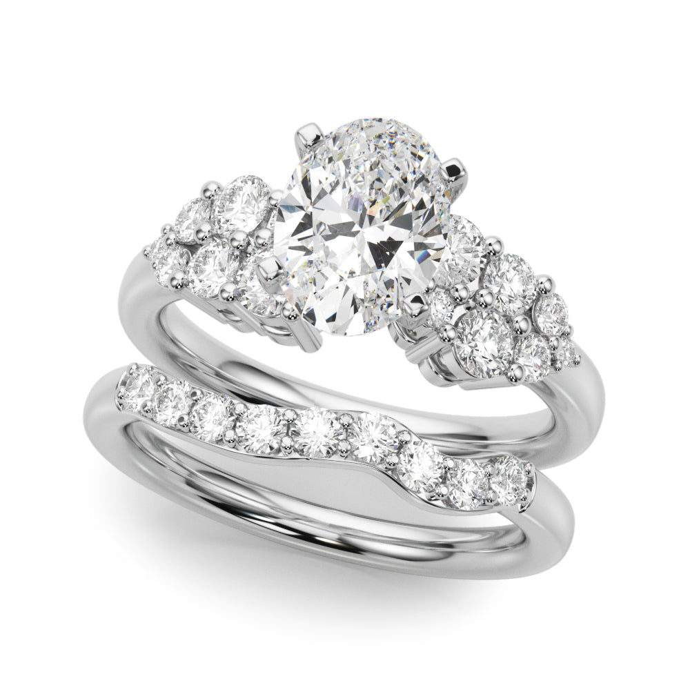 Silver Oval Cluster Diamond Engagement Ring with Pavé Band and Four-Prong Setting