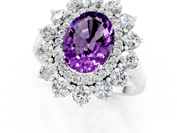 Silver Oval Cut Amethyst Floral Double Halo Engagement Ring with Prong Setting