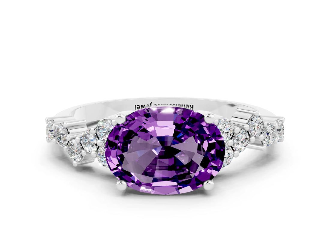 Silver Oval Cut Amethyst Scattered Round Accent Ring with Prong Setting_36