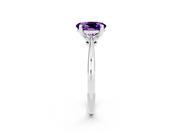 Silver Oval Cut Amethyst Solitaire Engagement Ring with Classic Band and Four-Prong Setting