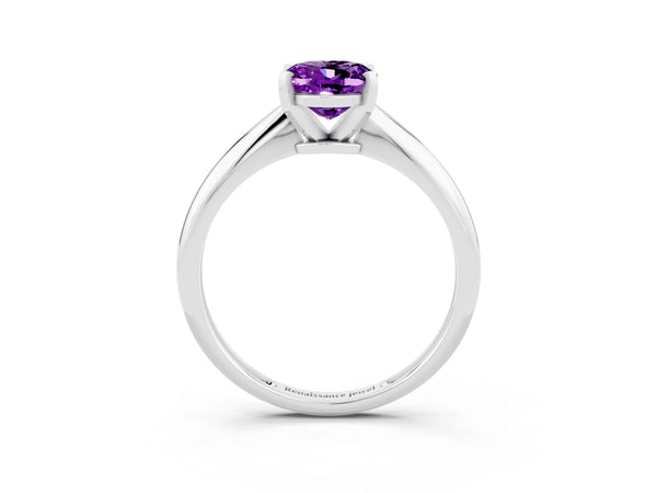 Silver Oval Cut Amethyst Solitaire Engagement Ring with Classic Band and Four-Prong Setting