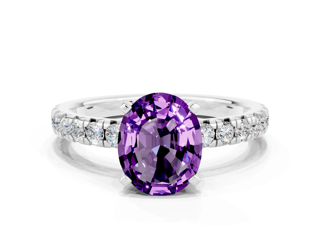 Silver Oval Cut Amethyst Solitaire Pavé Engagement Ring with Round Band and Prong Setting_90