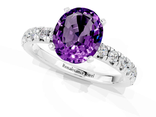 Silver Oval Cut Amethyst Solitaire Pavé Engagement Ring with Round Band and Prong Setting