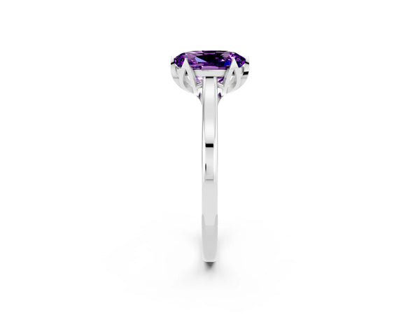 Sterling Silver Oval Amethyst Floral Solitaire Engagement Ring with Flower Prong Head and Plain Band