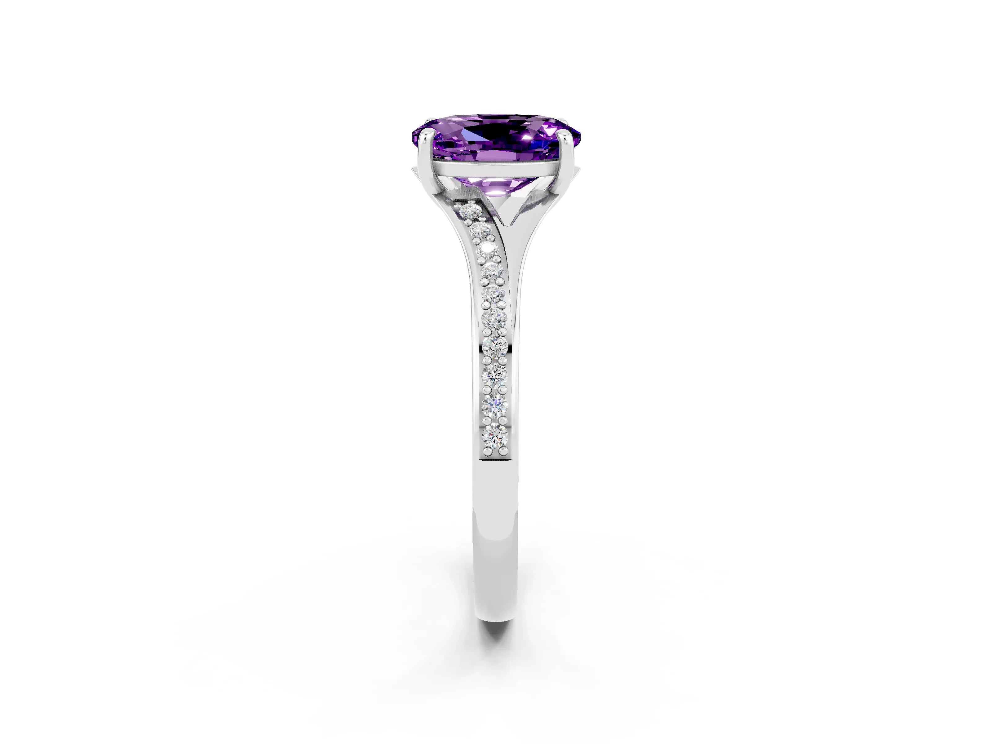 Silver Oval Cut Amethyst Solitaire Ring with Pavé Band and Prong Setting_14