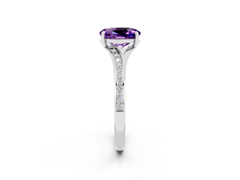 Silver Oval Cut Amethyst Solitaire Ring with Pavé Band and Prong Setting_14