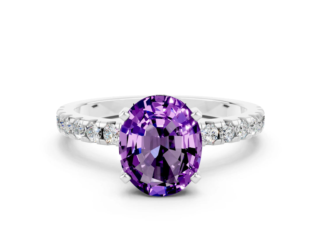 Silver Oval Cut Amethyst Solitaire Ring with Round  Pavé Band and Four-Prong Setting_36