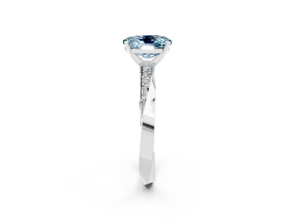 Silver Oval Cut Aquamarine Engagement Ring with Side Stone Accents and Four-Prong Setting