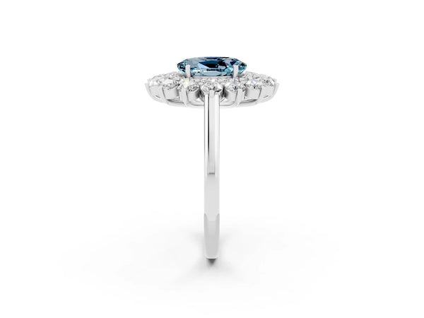 Silver Oval Cut Aquamarine Floral Double Halo Engagement Ring with Prong Setting
