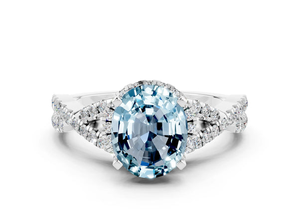 Silver Oval Cut Aquamarine  Halo Twist Band Solitaire Prong Setting Ring