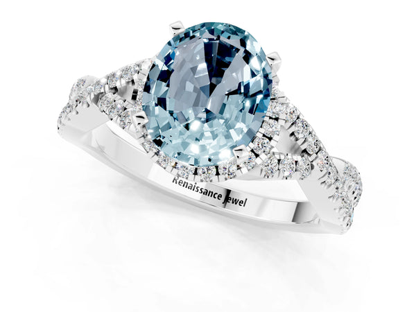 Silver Oval Cut Aquamarine  Halo Twist Band Solitaire Prong Setting Ring