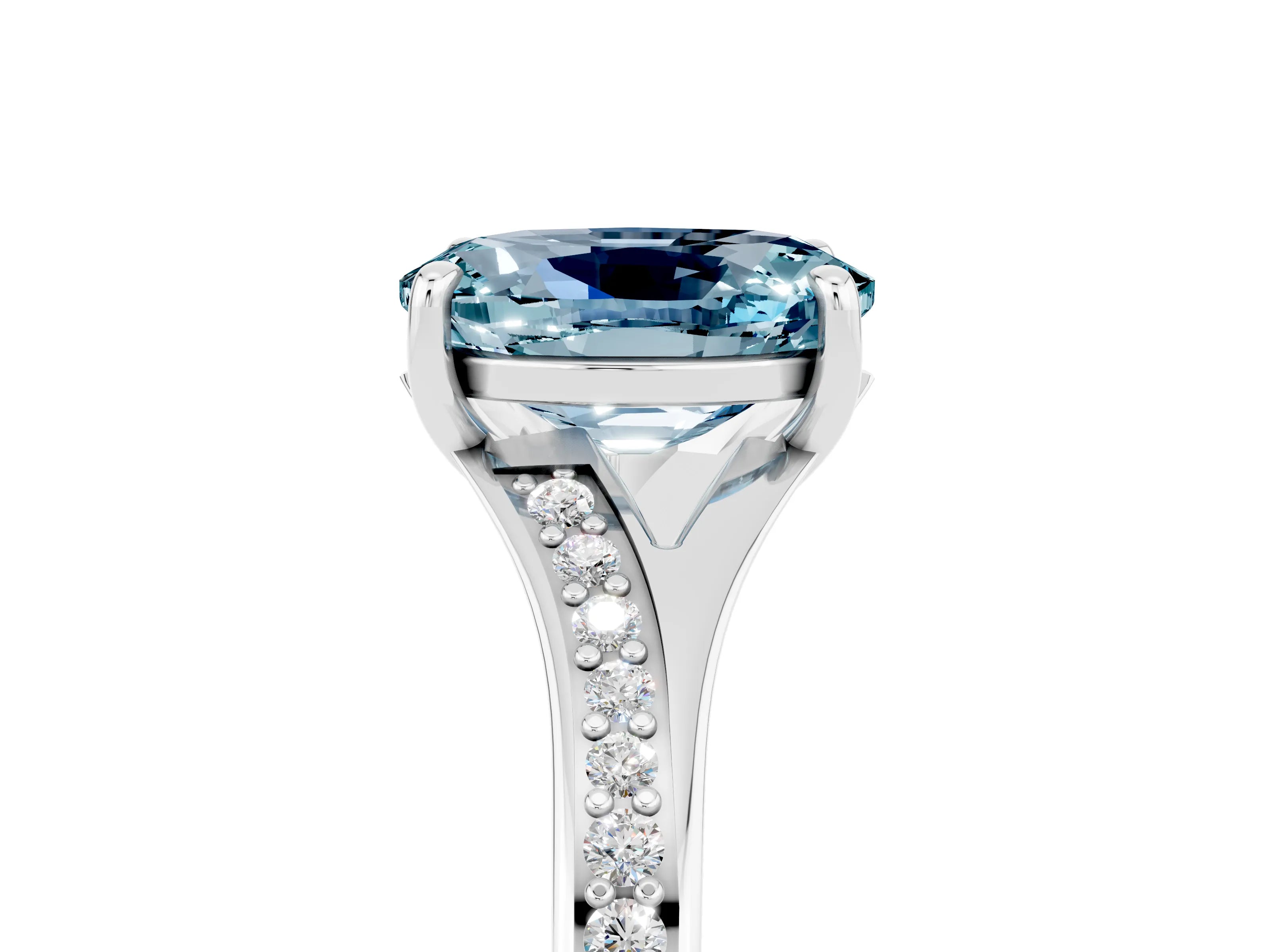 Silver Oval Cut Aquamarine Solitaire Ring with Pavé Band and Prong Setting_17