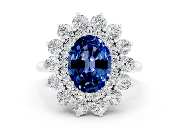 Silver Oval Cut Blue Sapphire Floral Double Halo Engagement Ring with Prong Setting