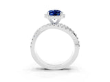 Silver Oval Cut Blue Sapphire Halo Ring with Round Split Shank and Prong Setting_81