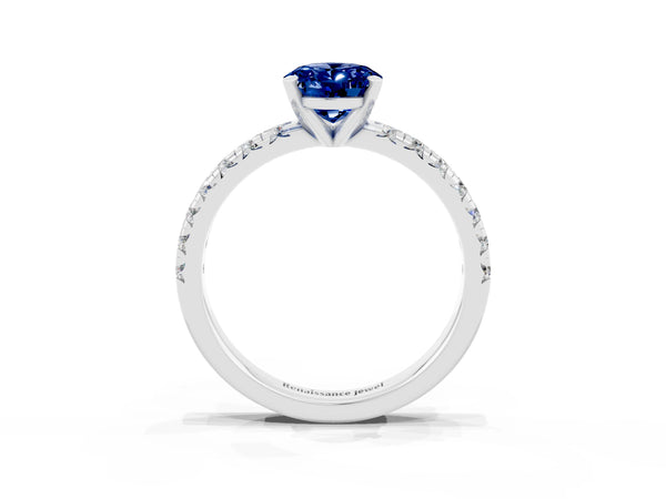 Silver Oval Cut Blue Sapphire Solitaire Pavé Engagement Ring with Round Band and Prong Setting