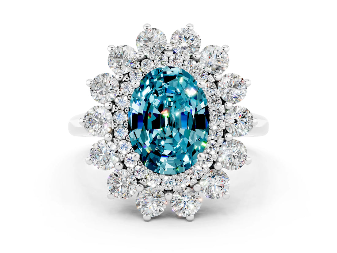 Silver Oval Cut Blue Topaz Floral Double Halo Engagement Ring with Prong Setting_138