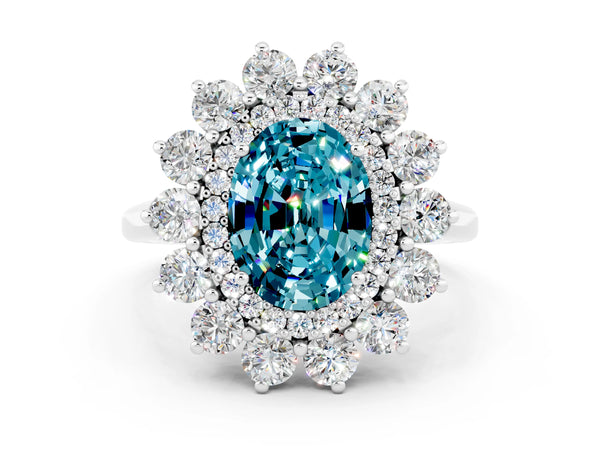 Silver Oval Cut Blue Topaz Floral Double Halo Engagement Ring with Prong Setting