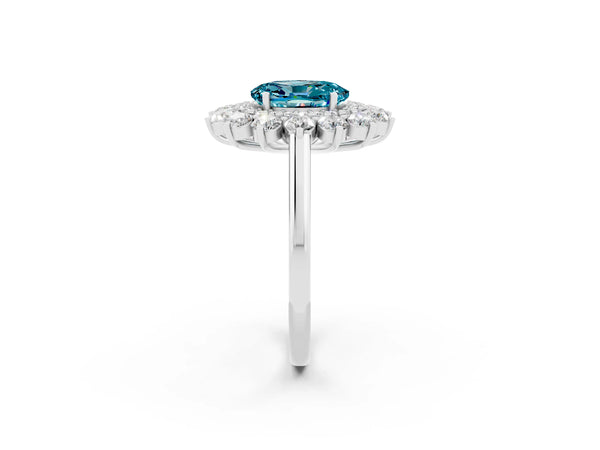 Silver Oval Cut Blue Topaz Floral Double Halo Engagement Ring with Prong Setting