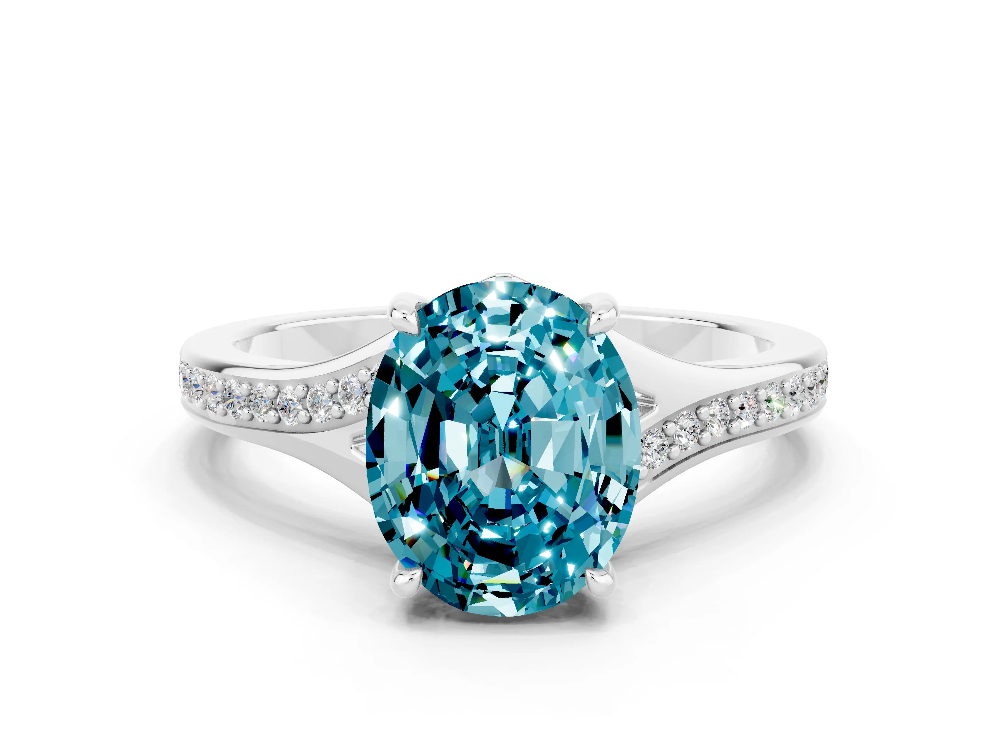 Silver Oval Cut Blue Topaz Solitaire Ring with Pavé Band and Prong Setting_12