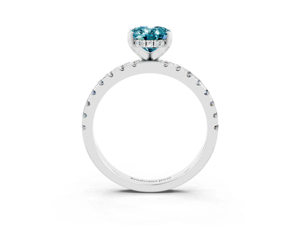 Silver Oval Cut Blue Topaz Solitaire Ring with Round Pavé Band and Four-Prong Setting