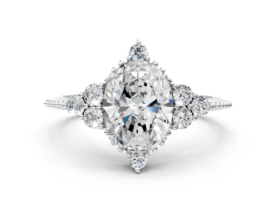Silver Oval Cut Brilliant Diamond with Cluster Setting on a Beaded Band and Four-Prong Setting_7